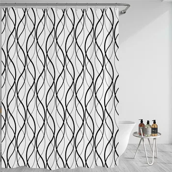 Завеси за душ в черно-бяла ивица, модерен проста геометрична завеса за баня, водоустойчив плат, комплект аксесоари за баня
