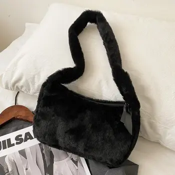 Зимна кожа чанта-клатч Прост дизайн, женски меки плюшени чанти-скитници през рамо