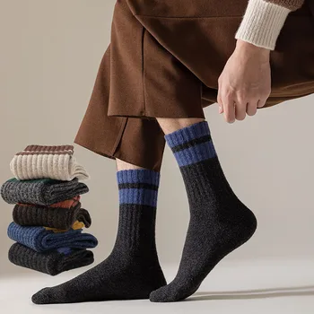 Зимни Мъжки Вълнени чорапи на райета, Дебели чорапи от мериносова вълна в стила на Харадзюку в ретро стил, Висококачествени Памучни Хавлиени чорапи За мъже, 5 двойки