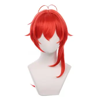 Игри перука за cosplay Genshin Impact Diluc, червена дълга коса, термоустойчиви синтетични аксесоари за парти за Хелоуин, реквизит