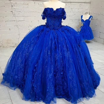 ИСКРЯЩО Королевско-Синя Бална рокля с открити рамене 15-годишна Възраст Дантела С 3D Цветя, Блестящо Пищни Принцеса Рокля По Поръчка