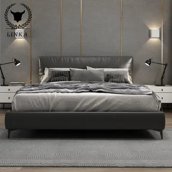 Италиански минимализъм модерна минималистичная начало спалня сватбена легло от масивно дърво с двойно легло, меко легло лека луксозна кожена художествена легло