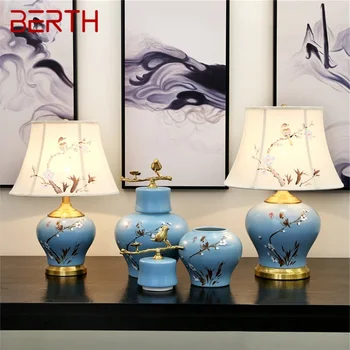 Керамични настолни лампи Blue Luxury Bird Месинг текстилен настолна лампа Home Decorative за хол, трапезария, спалня