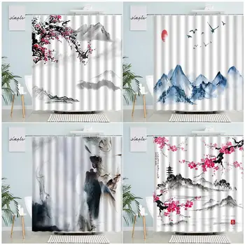 Китайската спирала Пейзаж Завеса за душ, Японска Череша Акварел Планински Природен Пейзаж Водоустойчив Плат Декор на банята