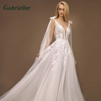 Класическа сватбена рокля Gabriellar 2023, тюл на точки, V-образно деколте, Дантелени апликации, без ръкави, лък, Струята с отворен гръб, Vestido De Новия