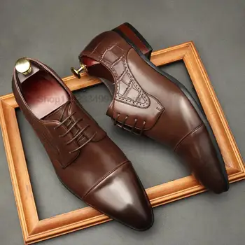 Класически мъжки Oxfords от естествена телешка кожа, Мъжки Офис костюм дантела, Официалната обувки, Удобни Сватбена модельная обувки с отворени пръсти За мъже