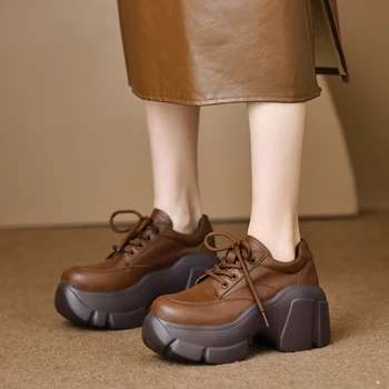 Класически ретро един дамски обувки пролет есен естествена кожа повишена дебела подметка Matsuke дантела-ретро оксфорд обувки за жени