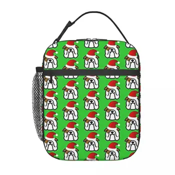 Коледна чанта за обяд с английски Булдог Дядо Коледа с пагон, за многократна употреба обяд-бокс, контейнер за пикник, на работа, на училище