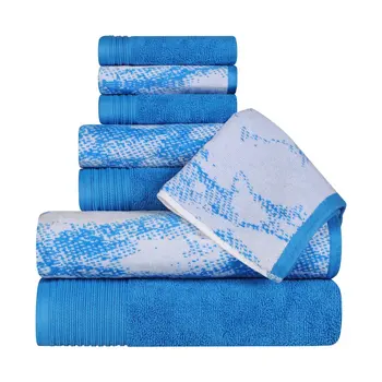 Комплект кърпи от 100% памук с висока попиваща способност, 8 елементи от масив с ефект на мрамор, син от