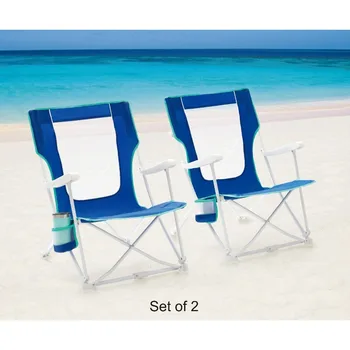 Комплект от 2 теми, Сгъваема Плажен стол-чанта с твърд подлакътник, син сгъваем стол