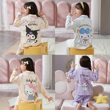 Комплект пижам за майките и децата Kawaii Sanrio Hello Kitty Аниме Kuromi Cinnamoroll в памучна Пижама с дълъг ръкав За Момичета Комплект Дрехи за почивка Подарък