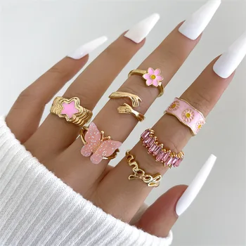 Комплект пръстени с пеперуда в стил Бохо за жените, Розови Эмалевые пръстени с геометричен дизайн във формата на Цвете, дамски вечерни модни бижута и аксесоари