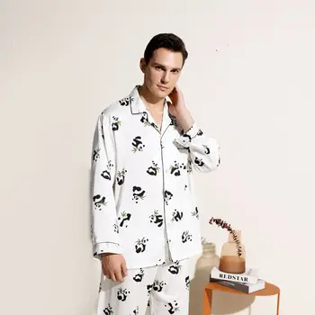 Комплект сатен пижам с шарките на Пандите за мъже, дрехи за почивка, Пижами, Панталони за сън с дълъг ръкав, Бяла пижами, дрехи за сън