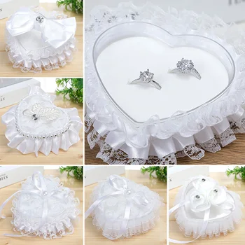 Кутия за пръстени за сватбени двойки във формата на сърце, бели дантелени кутии за възглавници с пръстени, калъф за бижута от седеф и планински кристал, кутия за халки за церемонията годеж