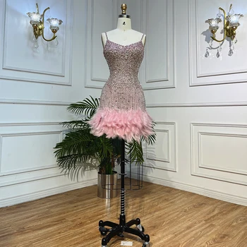 Къси вечерни рокли Wasisi Pink Mermaid Sweatheart на тънки спагети презрамки, мини рокли с мъниста и пера 2023 За жени, Вечерни FLA72039