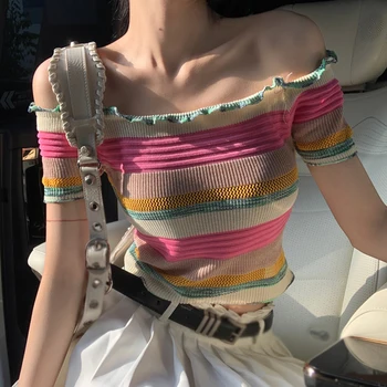 Летни дамски тениски с открити рамене, от корейска версия на плетени потници с къс ръкав, Дамски удобна риза на райе