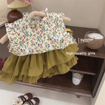 Летни комплекти дрехи за момичета в корейски стил 2023 г. и панталони на точки, летни комплекти за малки момичета, марка дрехи, Комплект детски дрехи