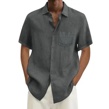 Летни памучни ленени ризи за мъже, ежедневни ризи с къс ръкав, Блузи с однотонным отложным яка, Бели плажни ризи, мъжки дрехи