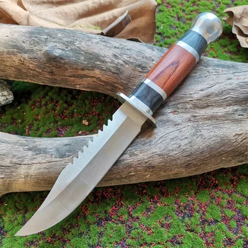 Ловен нож с тактически фиксиран нож с дървена дръжка - Инструмент за оцеляване 7Cr13Mov за къмпинг и активна почивка с ножнами