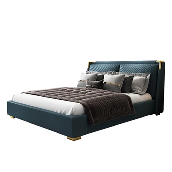 Луксозна италианска, европейска модерна кожена двойно легло със сиви рамки, спални слушалки, мебели