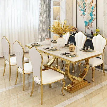 Луксозна кухненска маса с мраморен правоъгълник, устойчива позлатена рамка от неръждаема стомана, маса за хранене и столове за вечеря в хотела