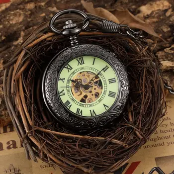 Луксозни Модерни Механични джобни часовници в стил Steampunk с Антикварным виртуален скелет, Мъжки верижки и Колиета, Бизнес Ежедневните си джобен часовник с брелоком, Черни
