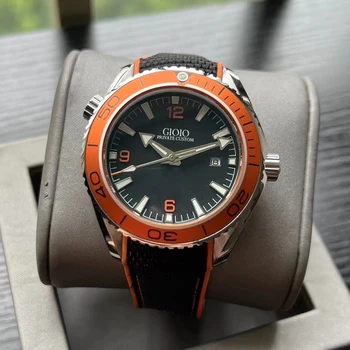Луксозни мъжки автоматично механични часовници е от неръждаема стомана, Оранжеви Керамични bezel, Черно-бял каучук платно, стъкло задната част на кутията, ръчен часовник