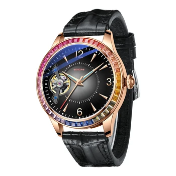 Луксозни Мъжки автоматично механични часовници с Турбийоном, Мъжки часовник от естествена кожа, Часовници от стомана 316L, Сапфировые Водоустойчив