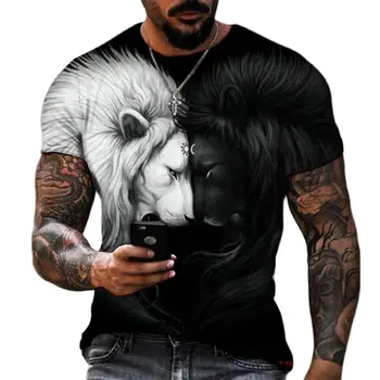 Лъвът, като се бие с животно, Звяр, свиреп Вълк, 3D тениска, Нова Лятна мъжка тениска Оверсайз с къс ръкав, черно-бял дизайн, полиестер