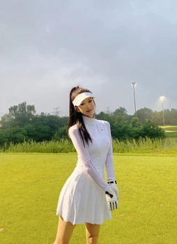 Лятна и есенна нова дамска бяла тениска за голф с дълъг ръкав, отгоре с висока деколте, Спортна Анти-брилянтен пола-полукомбинезон