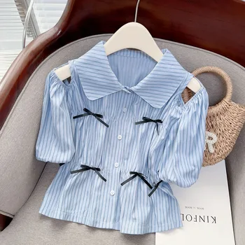 Лятна Риза на райета, дамски блуза с лък, Шик корейски ризи с отложным яка за жени, блузи с пищни ръкави, 2023, Елегантни блузи, Mujer