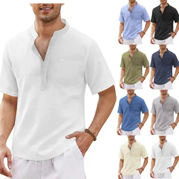 Лято 2023, Нов стил, Мъжки ежедневни ризи в стил хипи, памучен плажната тениска от полиестер с джобове и къс ръкав, риза, мъжки дрехи