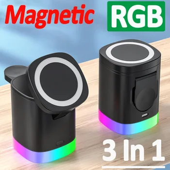 Магнитна поставка за безжично зарядно устройство 3 в 1, док-станция за бързо зареждане с RGB подсветка за iPhone 14 13 12 Apple Watch 8 7 6 Airpods iWatch