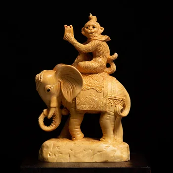 Маймуна Езда На Слонове За Скулптура На Животното Китайски Честит Фън Шуй Чемшир Твърдо Дърво, Декорация На Дома Майстор Занаяти Отваряне На Подаръци