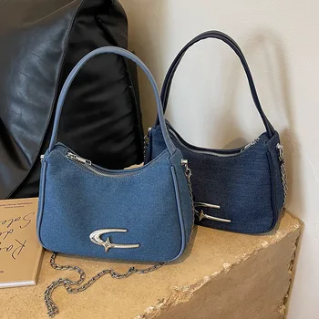 Марка дизайнерски дънкови дамски чанта през рамо, ежедневна чанта през рамо с метална верига и букви, Дънкови чанти-скитник