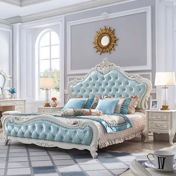 Мебели за спалня Европейската легло от масивна дървесина, двойно легло, американската модерна проста сватбена легло принцеса от естествена кожа