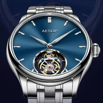 Механични часовници Aesop 7040 Tourbillon За мъже, син сапфир водоустойчив Tourbillon, Ръчни мъжки часовници, Луксозни стоманена каишка, Водоустойчив Нова