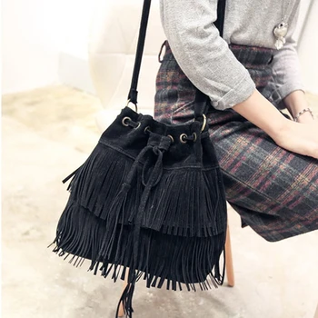 Мода ретро от изкуствен велур с ресни чанта на жената чанта пискюл рамо дамски чанти дантела Crossbody чанта drawstring чанти