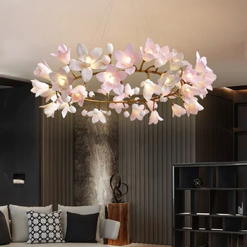 Модерна медни полилей с цвете магнолия, окачена лампа, луксозни осветителни тела за спалнята, хола, трапезарията, художествени висящи лампи 2023