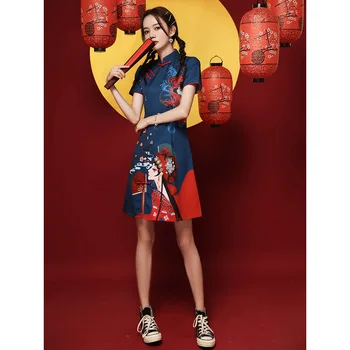 Модифицирани Китайски стил Рокли с винтажным принтом Opera Qipao, Сексуална кратко китайското рокля, Vestidos, Младежки къси горещи Улични рокли