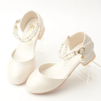 Модни дамски обувки на висок ток с перли, удобни кожени обувки за студентски изяви, сватбени обувки с цветя модел за момичета, нескользящие обувки на принцесата