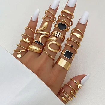 Модно Златен пръстен със змия За жени, Новост 2023, Реколта Черен пръстен с пеперуди в стил пънк, черно сърце, Дамски Бижута и аксесоари