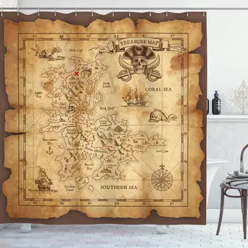 Морска Карта на острова Завеси за душ,Реколта Старата карта на Пиратски кораб Декор Полиестер Океана Карта на съкровищата на Древните пирати Завеса за душ