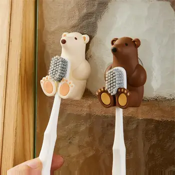 Мултифункционален силиконов държач за четка за зъби с приятен анимационни мечка, неперфорированный монтиране на куката на присоске за съхраняване, спестяване на пространство