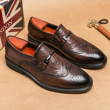 Мъжки бизнес облекло от естествена кожа в британския стил, с остри пръсти, пролет-лято, корейски модел дишащи обувки от лъскава кожа