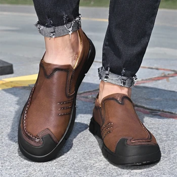 Мъжки кожени обувки в стил Ретро, Бизнес Ежедневни Обувки подметка, Леки нескользящие лоферы, Пролет-Есен, обувки на плоска подметка с кръгло Бомбе, Zapatos De Hombre