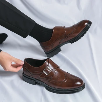 Мъжки Лоферы, обувки с кръгло бомбе и каишка с катарама, черни, кафяви бизнес обувки за мъже с безплатна доставка, Размер 38-46, мъжки модел обувки