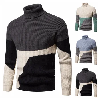 Мъжки пуловер с висока воротом, оборудвана модерен вязаный пуловер, висококачествен и Модерен Случайни Ретро мъжки пуловер, Ивичест пуловер