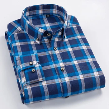 Мъжки фланелевая риза в клетка с дълъг ръкав, с един джоб, Стандартна засаждане, Удобни ежедневни ризи от мек памук с яка, копчета