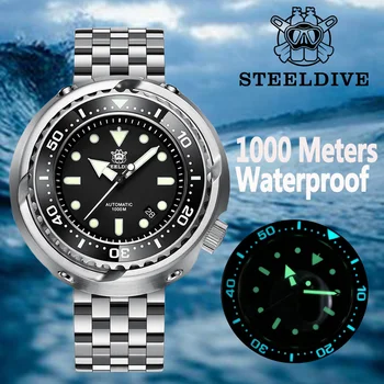 Мъжки Часовник STEELDIVE Large риба тон с керамично безелем, Суперсветящиеся 1000-метрова водоустойчив механични ръчни часовници за гмуркане от неръждаема стомана NH35